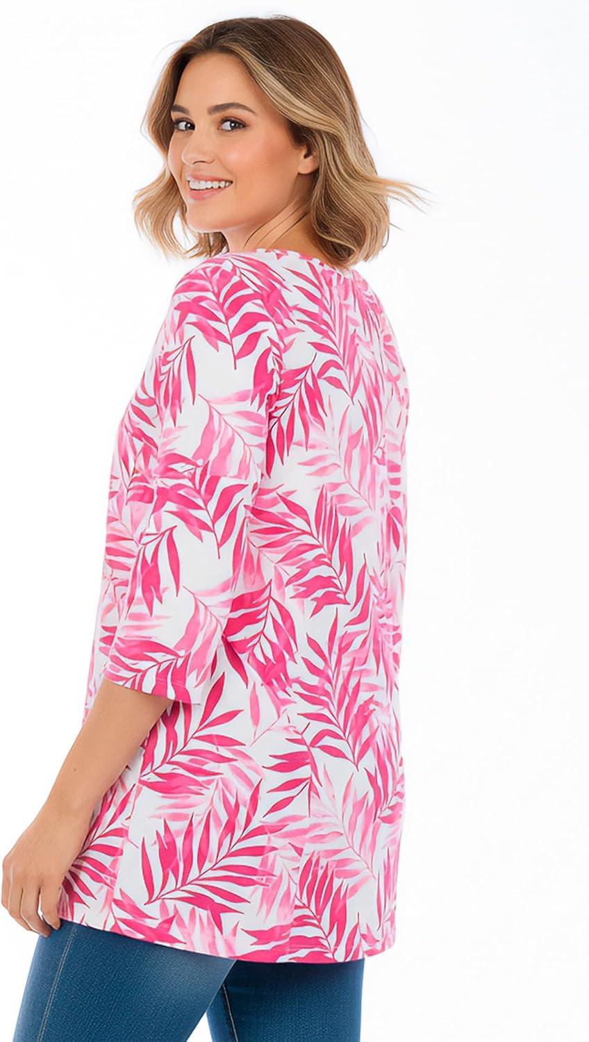 image:imageWoman Within Plus Size Perfect Printed ThreeQuarterSleeve VNeck TunicRaspberry Palm Leaves
