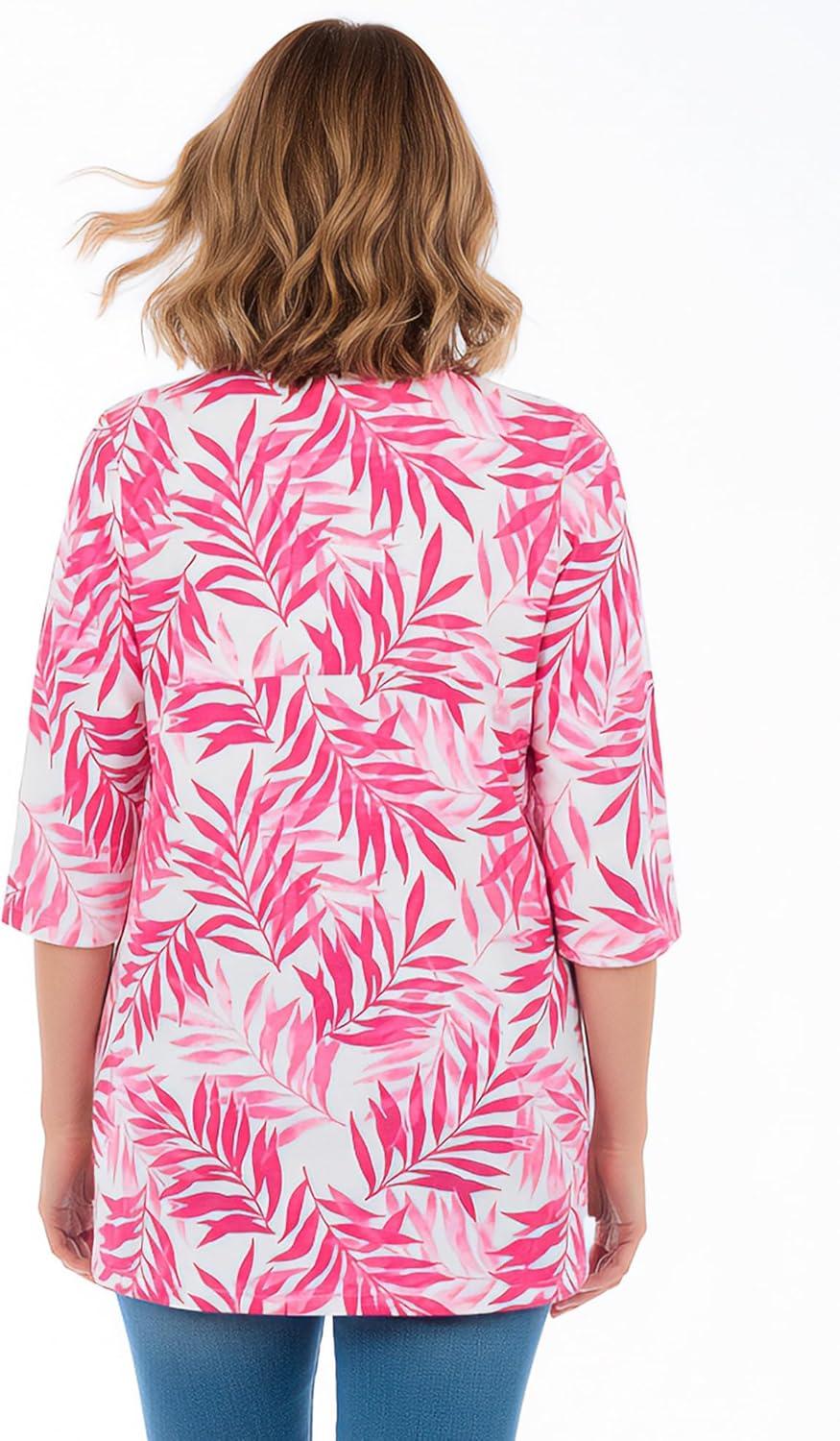 image:imageWoman Within Plus Size Perfect Printed ThreeQuarterSleeve VNeck TunicRaspberry Palm Leaves