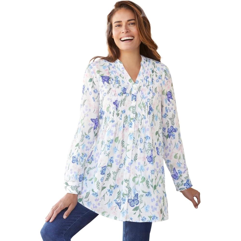 image:imageWoman Within Plus Size Perfect Pintuck TunicWhite Butterflies