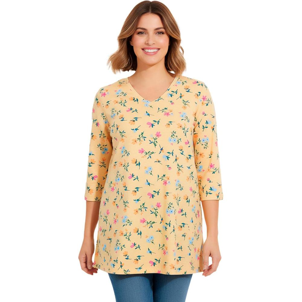 image:imageWoman Within Plus Size Perfect Printed ThreeQuarterSleeve VNeck TunicBanana Tulip Flowers