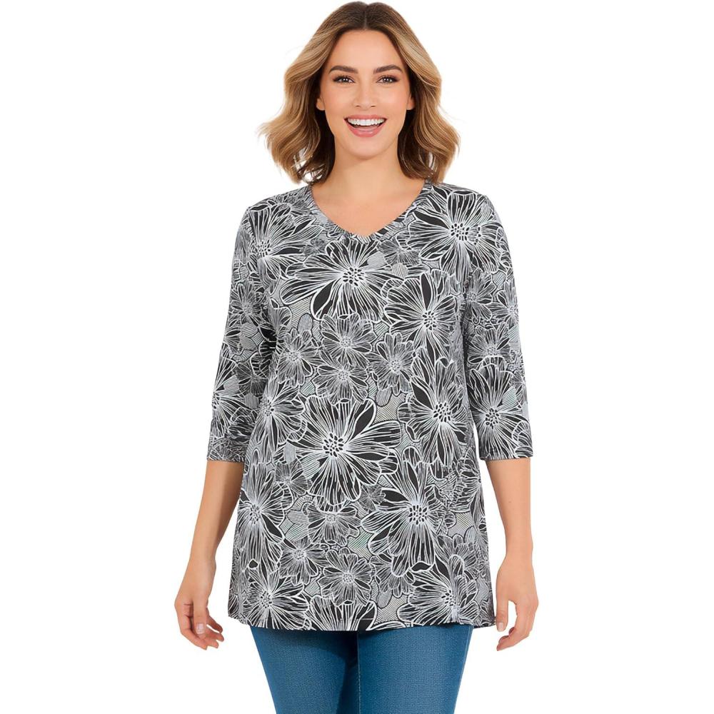 image:imageWoman Within Plus Size Perfect Printed ThreeQuarterSleeve VNeck TunicBlack Sketch Floral