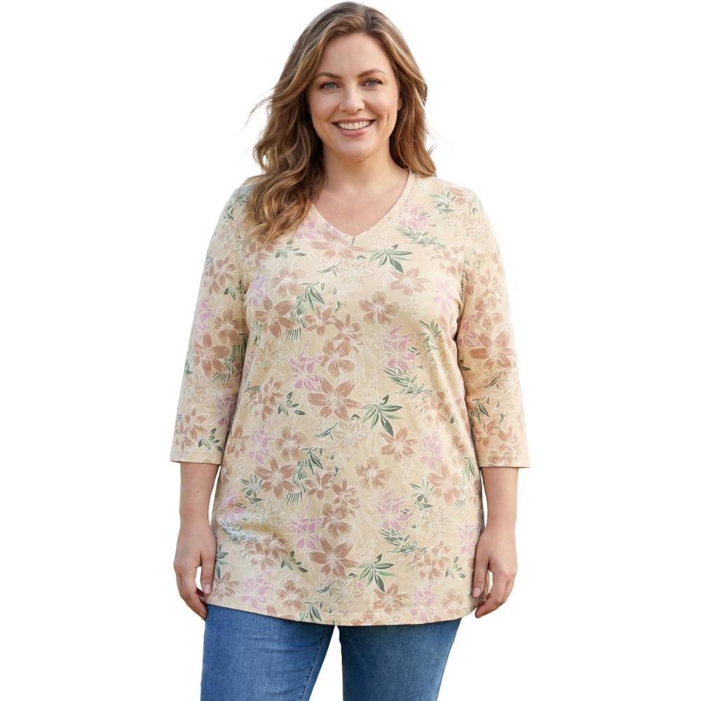 image:imageWoman Within Plus Size Perfect Printed ThreeQuarterSleeve VNeck TunicNatural Khaki Orchids