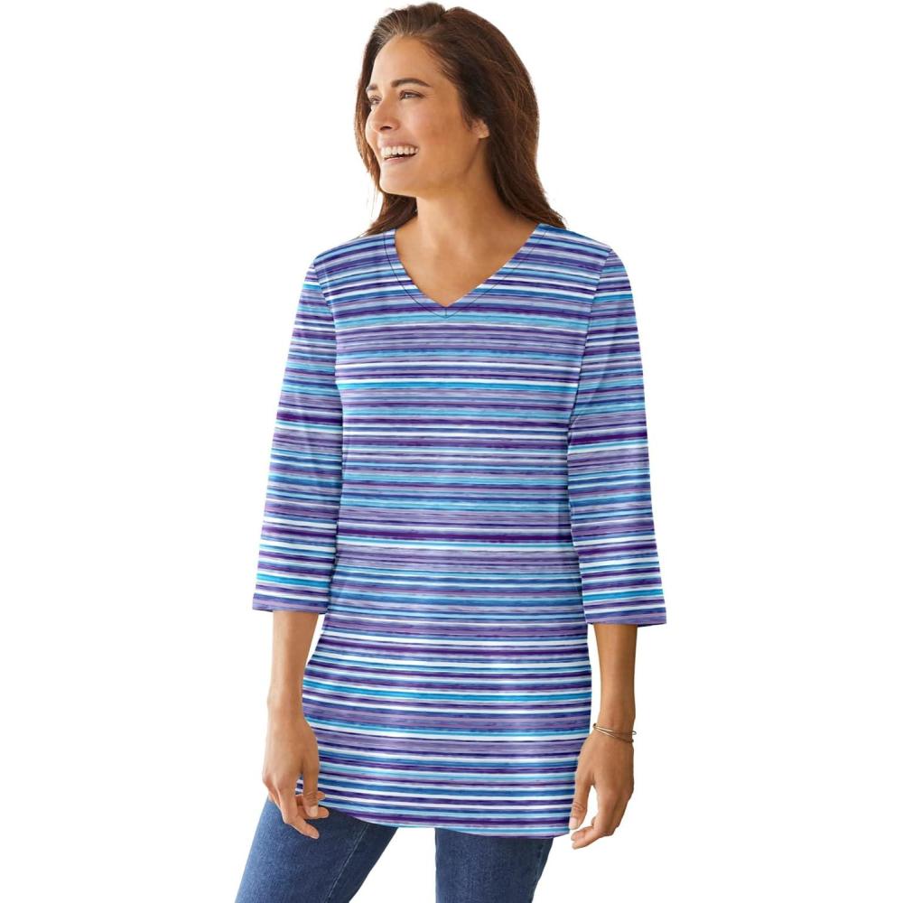 image:imageWoman Within Plus Size Perfect Printed ThreeQuarterSleeve VNeck TunicPurple Orchid Painterly Stripe