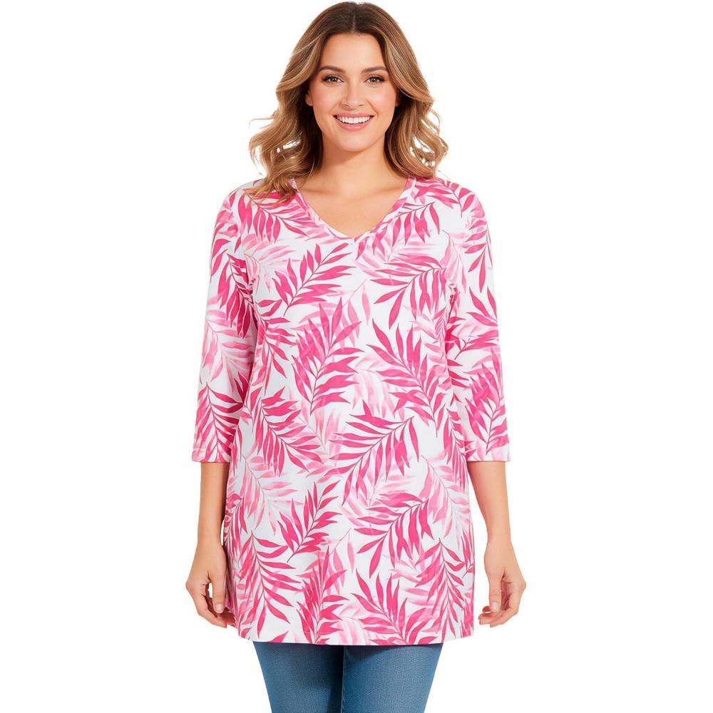 image:imageWoman Within Plus Size Perfect Printed ThreeQuarterSleeve VNeck TunicRaspberry Palm Leaves