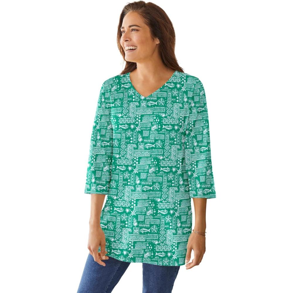 image:imageWoman Within Plus Size Perfect Printed ThreeQuarterSleeve VNeck TunicTropical Green Island Stamp