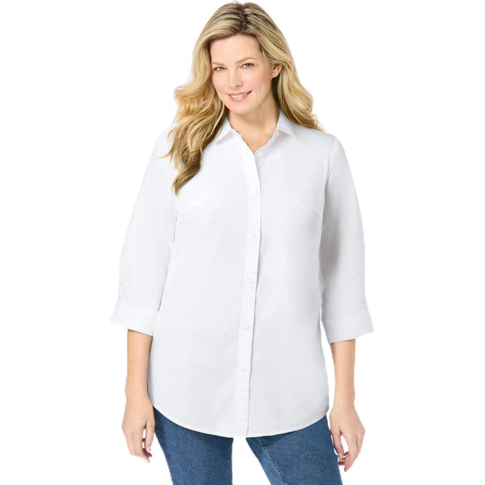 image:imageWoman Within Plus Size Perfect Three Quarter Sleeve ShirtTulip Purple Charming Plaid
