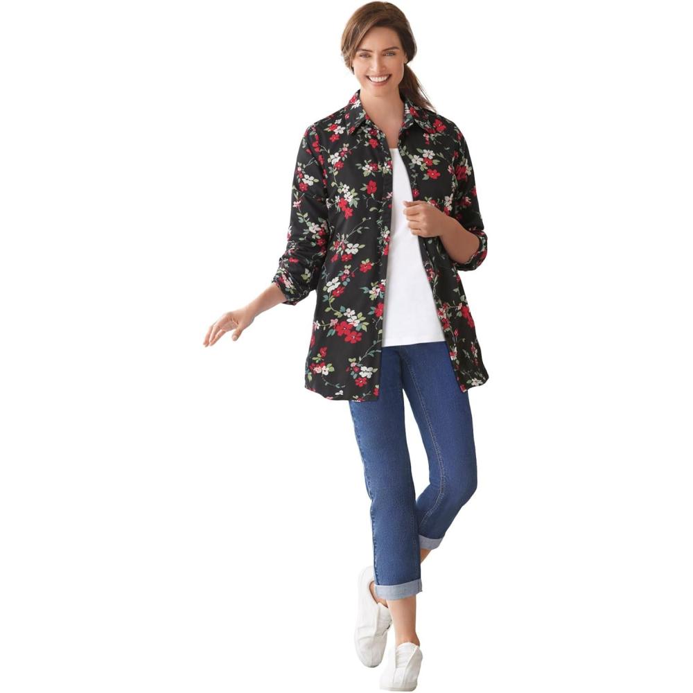 image:imageWoman Within Plus Size Petite Perfect Long Sleeve ShirtBlack Floral