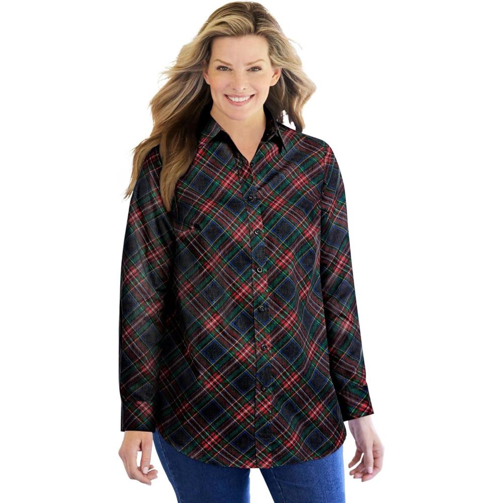 image:imageWoman Within Plus Size Petite Perfect Long Sleeve ShirtBlack Red Bias
