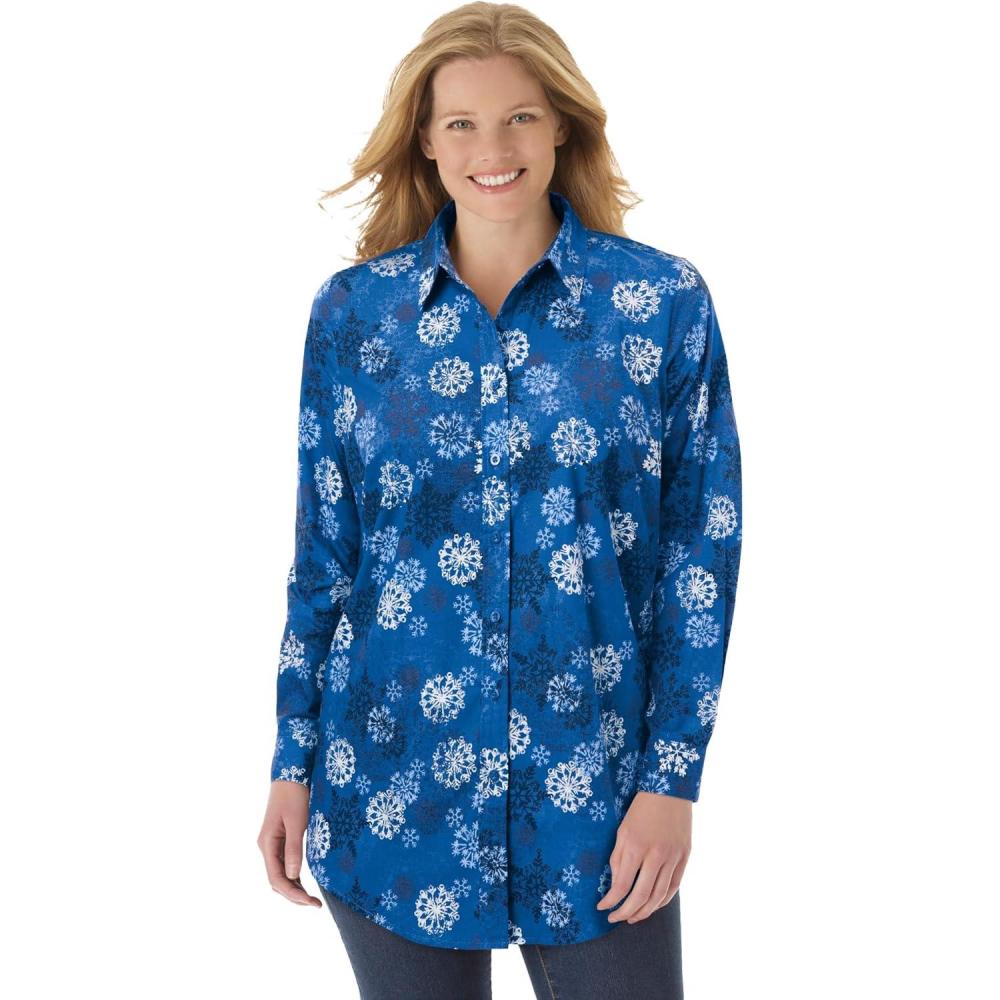 image:imageWoman Within Plus Size Petite Perfect Long Sleeve ShirtDeep Cobalt Snowflake