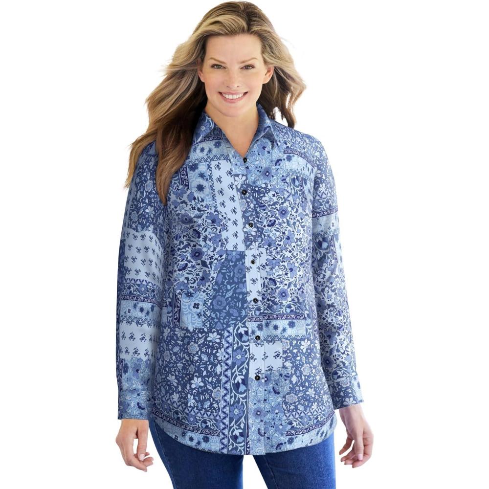 image:imageWoman Within Plus Size Petite Perfect Long Sleeve ShirtFrench Blue Patched Paisley