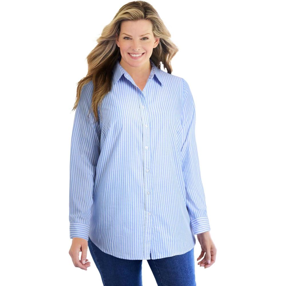 image:imageWoman Within Plus Size Petite Perfect Long Sleeve ShirtFrench Blue Stripe