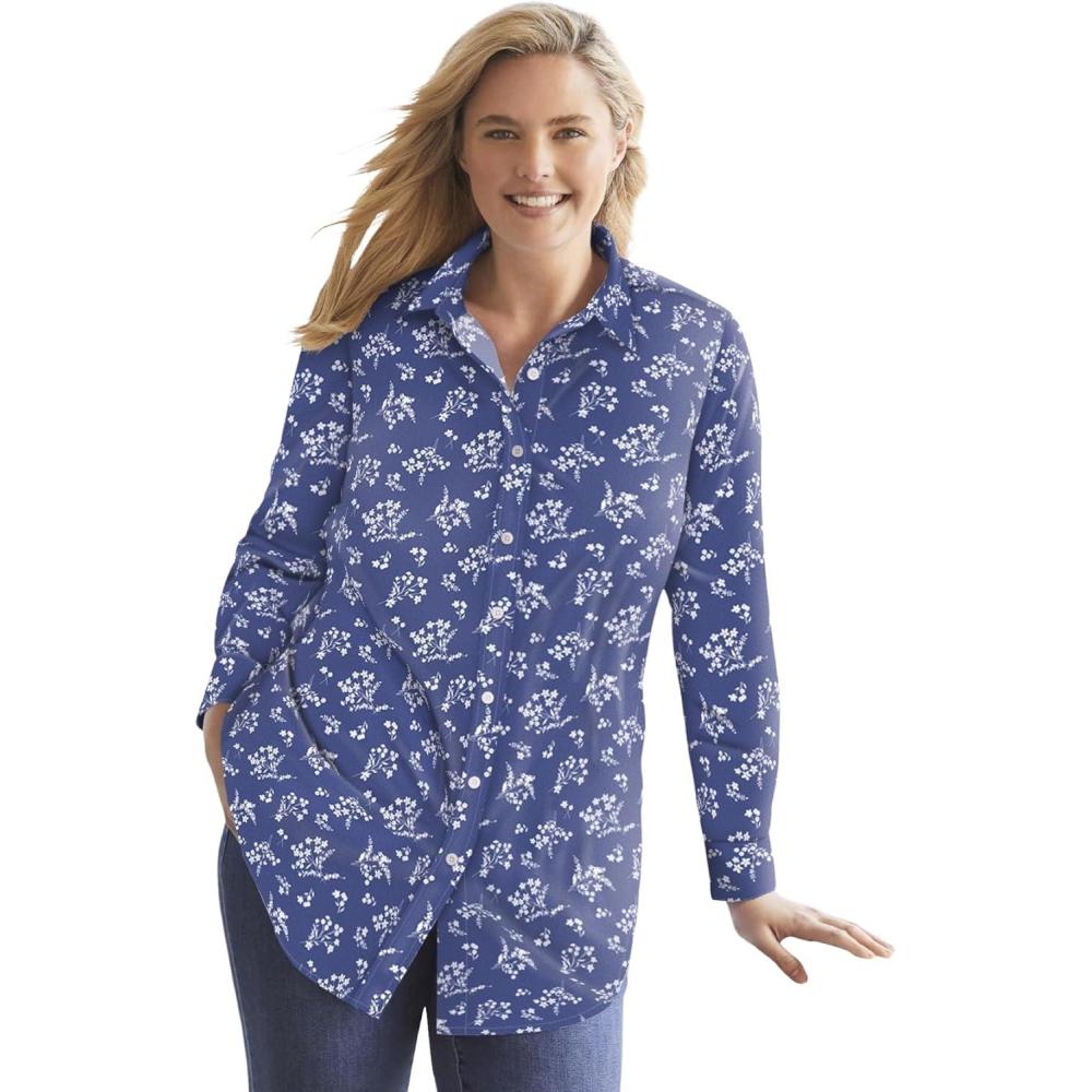 image:imageWoman Within Plus Size Petite Perfect Long Sleeve ShirtRoyal Navy Linear Floral