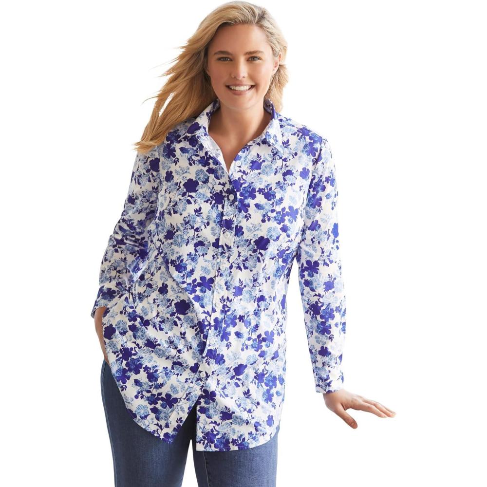 image:imageWoman Within Plus Size Petite Perfect Long Sleeve ShirtUltra Blue Shadow Floral