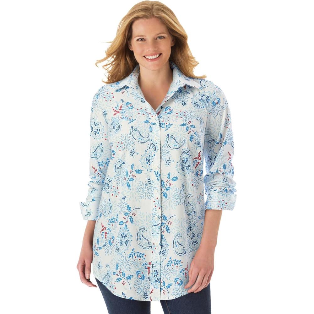 image:imageWoman Within Plus Size Petite Perfect Long Sleeve ShirtWhite Winter Batik