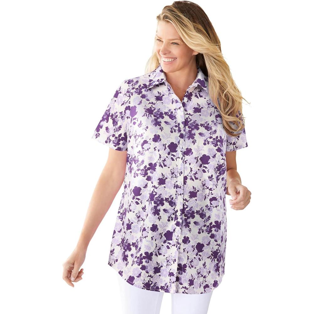 image:imageWoman Within Plus Size Petite Perfect Short Sleeve ShirtSoft Iris Shadow Floral