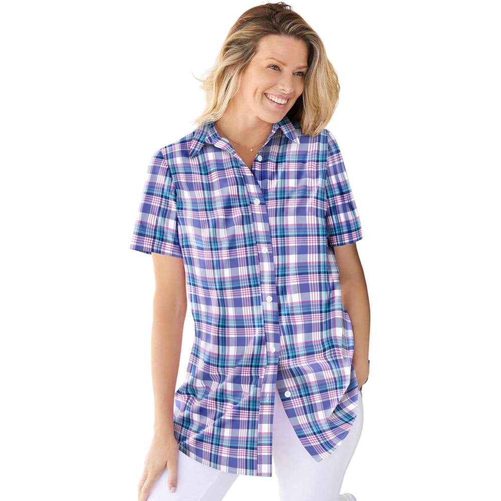 image:imageWoman Within Plus Size Petite Perfect Short Sleeve ShirtTulip Purple Charming Plaid