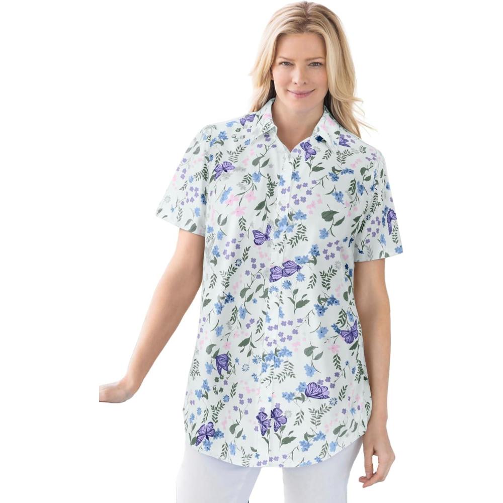 image:imageWoman Within Plus Size Petite Perfect Short Sleeve ShirtWhite Butterflies
