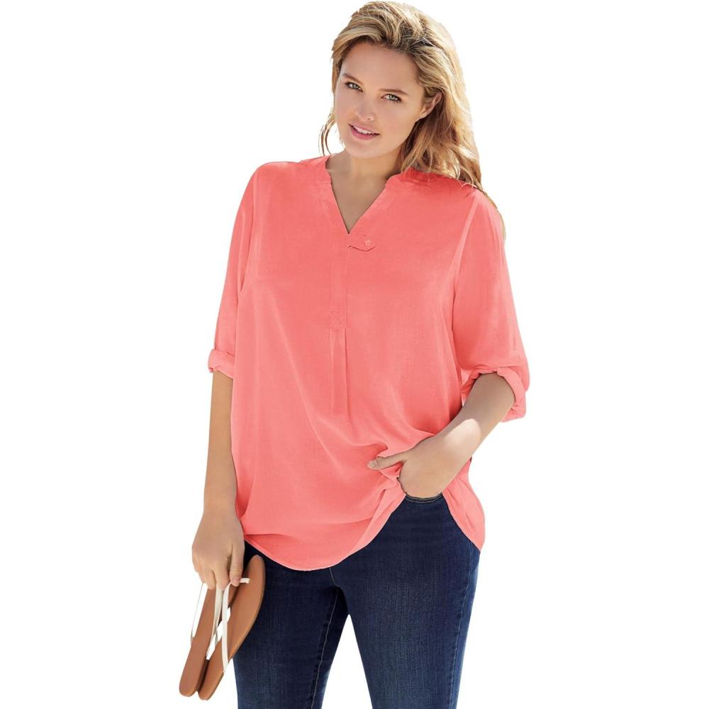 image:imageWoman Within Plus Size Rayon ThreeQuarter Sleeve Effortless TabFront BlouseSweet Coral