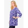 Woman Within Plus Size Perfect Printed Three-Quarter-Sleeve V-Neck Tunic(Petal Purple Tie Dye)