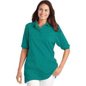 Woman Within Plus Size Elbow-Sleeve Polo Tunic(Brilliant Jade (0582))