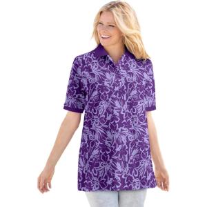Woman Within Plus Size Elbow-Sleeve Polo Tunic(Purple Orchid Stencil Flower)