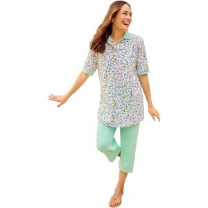 Woman Within Plus Size Elbow-Sleeve Polo Tunic(Seafoam Petal Bloom)