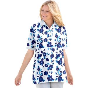 Woman Within Plus Size Elbow-Sleeve Polo Tunic(White Blue Flowers)