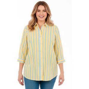Woman Within Plus Size Perfect Three Quarter Sleeve Shirt(Primrose Yellow Sunny Stripe)
