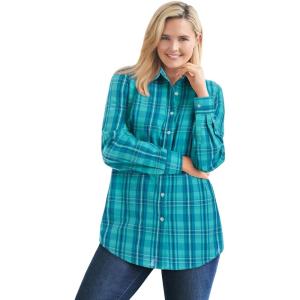 Woman Within Plus Size Petite Perfect Long Sleeve Shirt(Aquamarine Plaid)