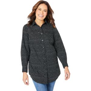 Woman Within Plus Size Petite Perfect Long Sleeve Shirt(Black Allover Dot)
