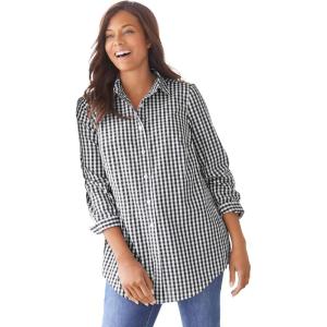 Woman Within Plus Size Petite Perfect Long Sleeve Shirt(Black Gingham)