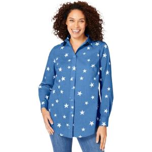 Woman Within Plus Size Petite Perfect Long Sleeve Shirt(Blue Chambray Stars)