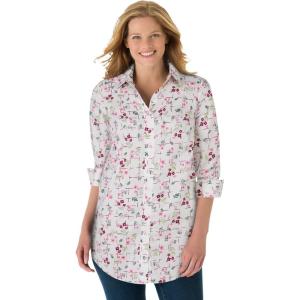 Woman Within Plus Size Petite Perfect Long Sleeve Shirt(Bright Rose Gridded Floral)