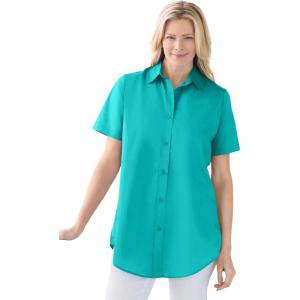 Woman Within Plus Size Petite Perfect Short Sleeve Shirt(Aquamarine)