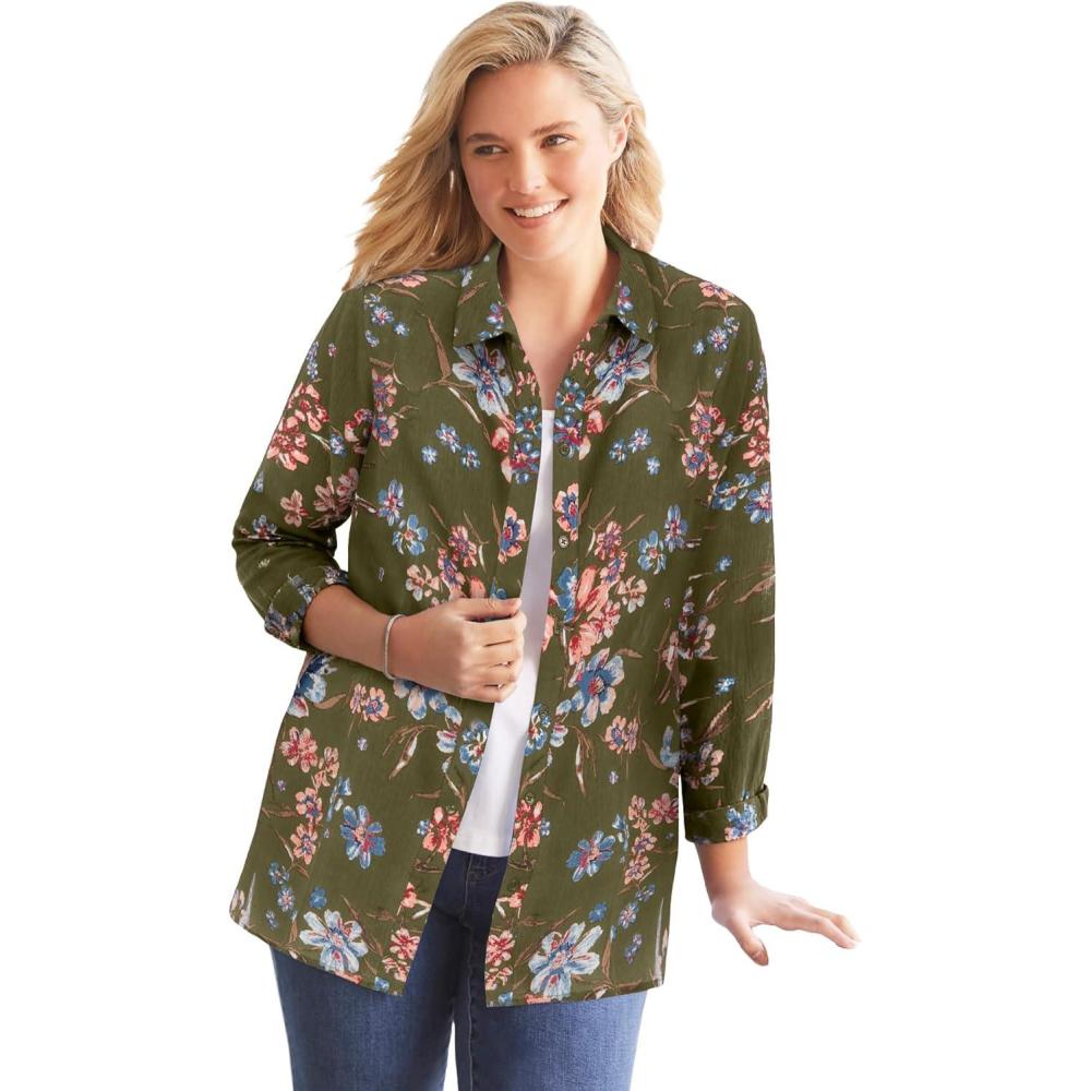 image:imageWoman Within Plus Size Crinkle ButtonFront ShirtDark Basil Floral