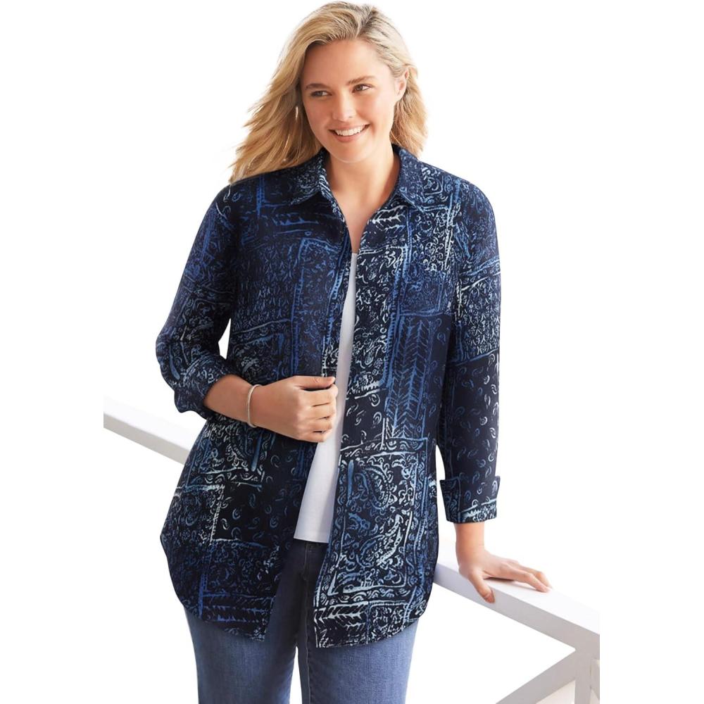 image:imageWoman Within Plus Size Crinkle ButtonFront ShirtNavy Patchwork