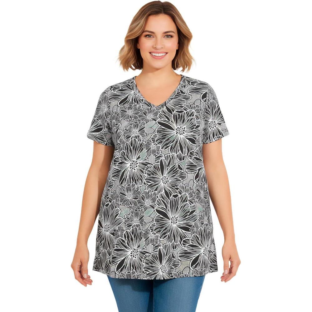 image:imageWoman Within Plus Size Perfect Printed ShortSleeve Shirred VNeck TunicBlack Sketch Floral