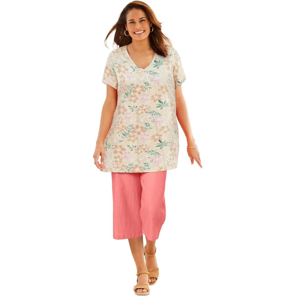 image:imageWoman Within Plus Size Perfect Printed ShortSleeve Shirred VNeck TunicNatural Khaki Orchids