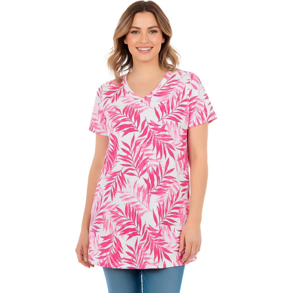 image:imageWoman Within Plus Size Perfect Printed ShortSleeve Shirred VNeck TunicRaspberry Palm Leaves