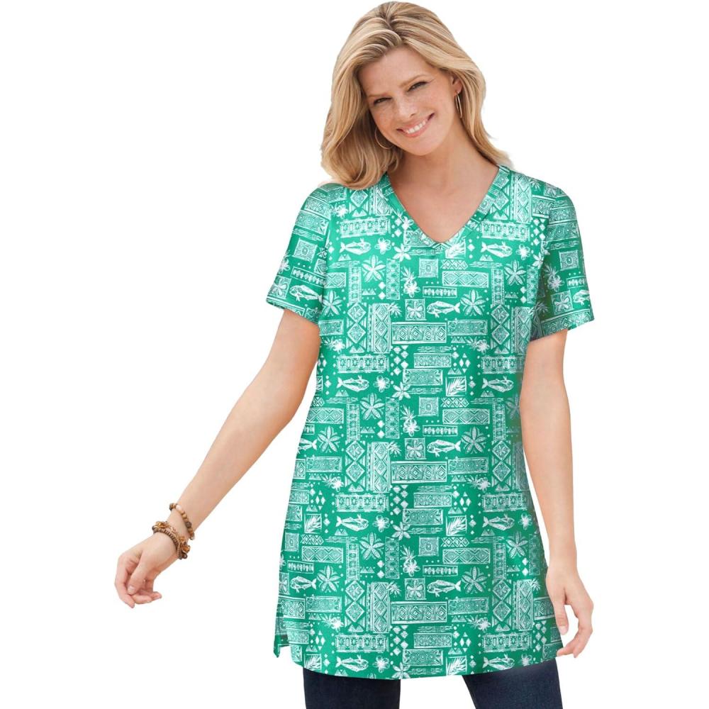 image:imageWoman Within Plus Size Perfect Printed ShortSleeve Shirred VNeck TunicTropical Green Island Stamp