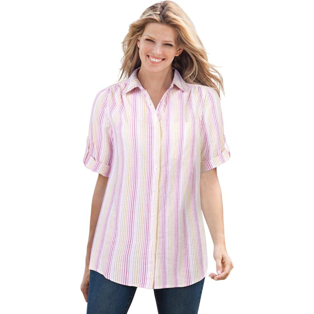 image:imageWoman Within Plus Size Petite ShortSleeve Button Down Seersucker ShirtRose Pink Rainbow Stripe