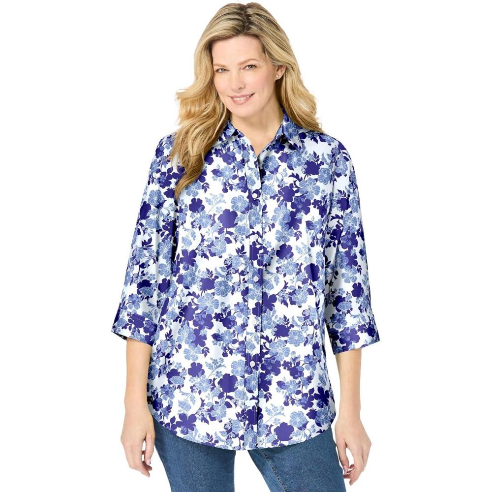 image:imageWoman Within Plus Size Perfect Three Quarter Sleeve Shirt  2X Ultra Blue Shadow Floral