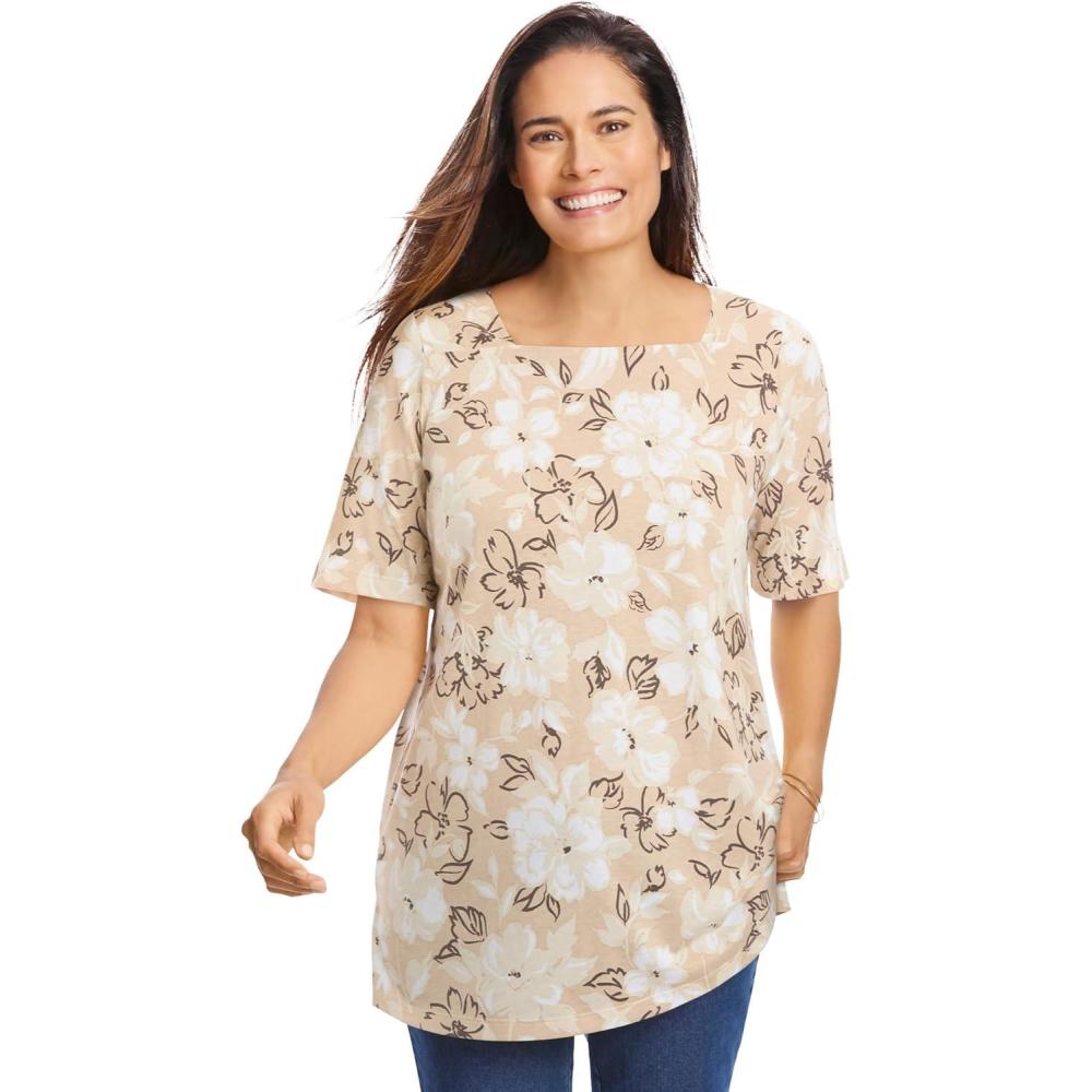 image:imageWoman Within Plus Size Printed Perfect SquareNeck TeeNew Khaki Bloom