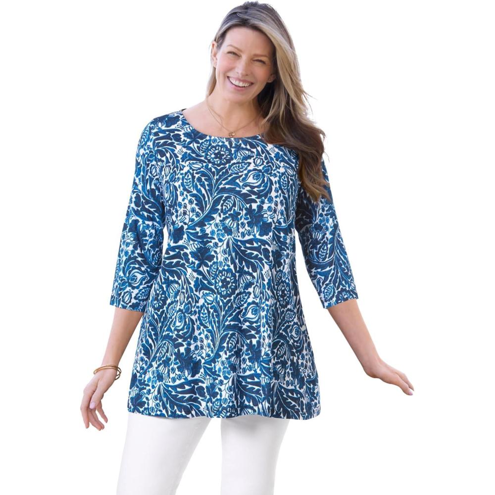 image:imageWoman Within Plus Size 2Pocket Swing TunicWhite Blue Batik