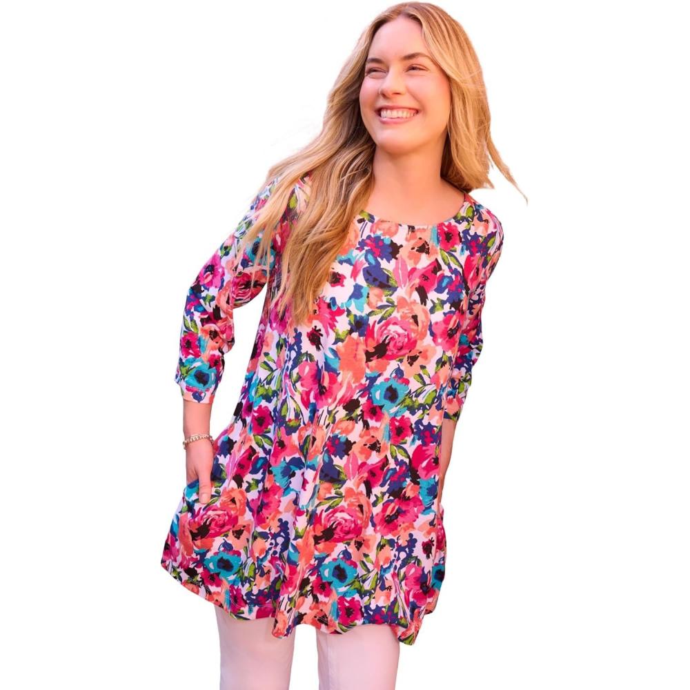 image:imageWoman Within Plus Size 2Pocket Swing TunicWhite Coral Bloom