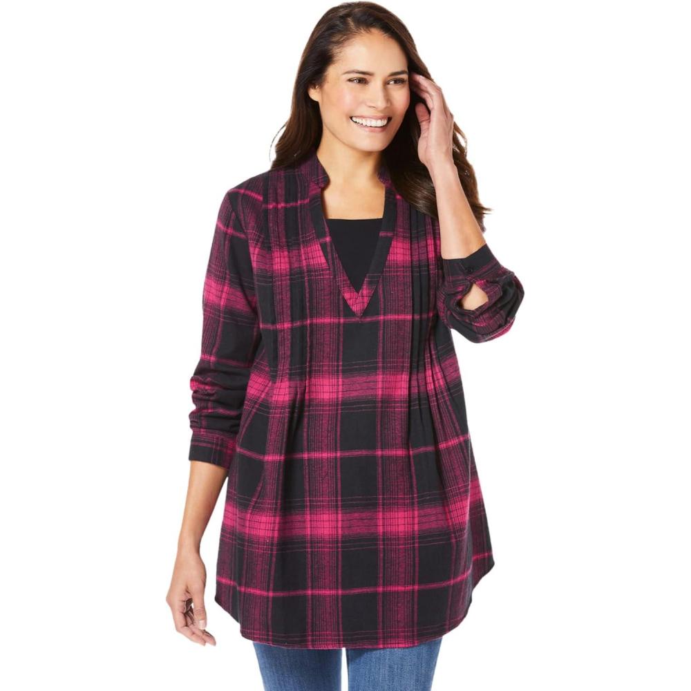 image:imageWoman Within Plus Size Flannel Tunic With Layered LookPink Black Plaid