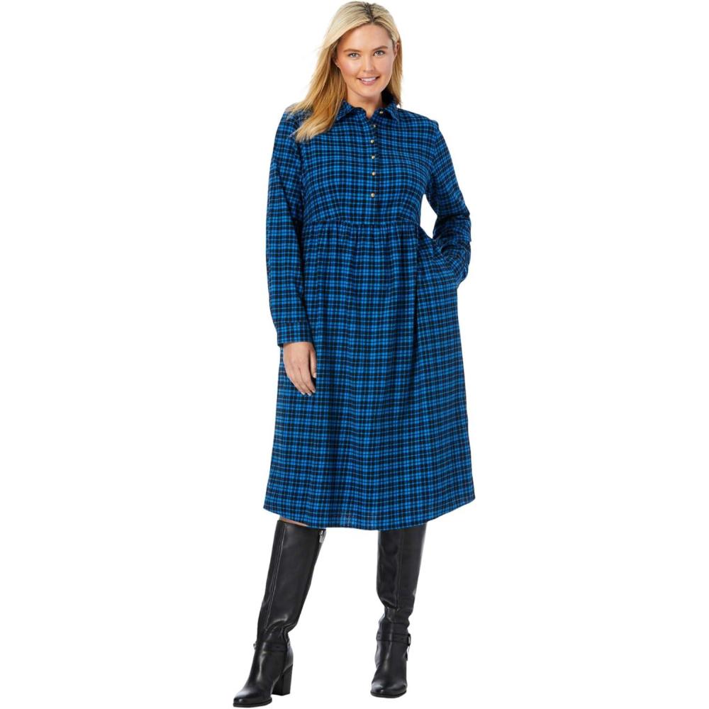 image:imageWoman Within Plus Size Plaid Flannel ALine ShirtdressBright Cobalt Plaid