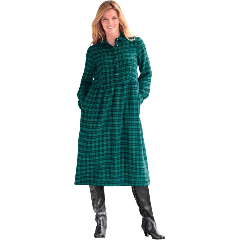 image:imageWoman Within Plus Size Plaid Flannel ALine ShirtdressRich Jade Plaid