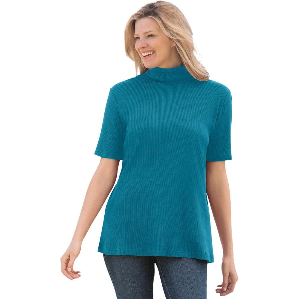 image:imageWoman Within Plus Size Ribbed Short Sleeve TurtleneckDeep Teal