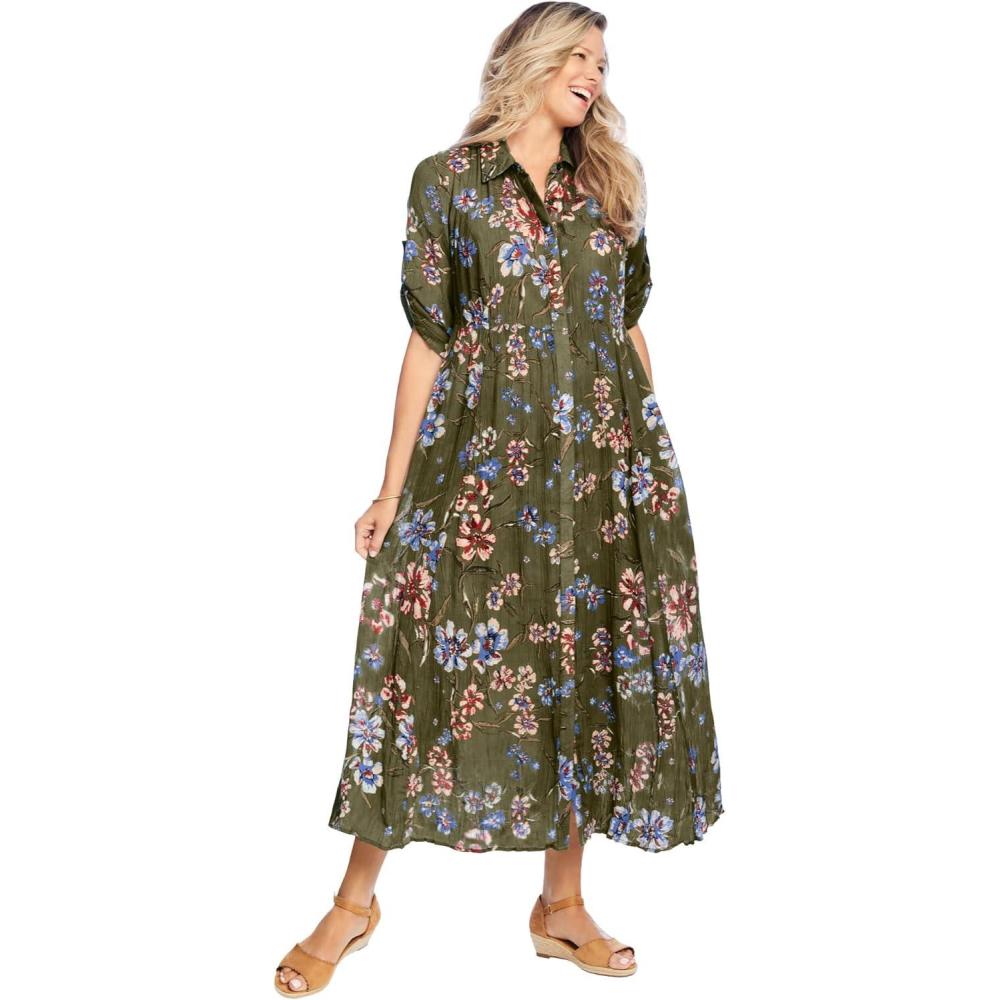 image:imageWoman Within Plus Size RollTab Sleeve Crinkle ShirtdressDark Basil Floral